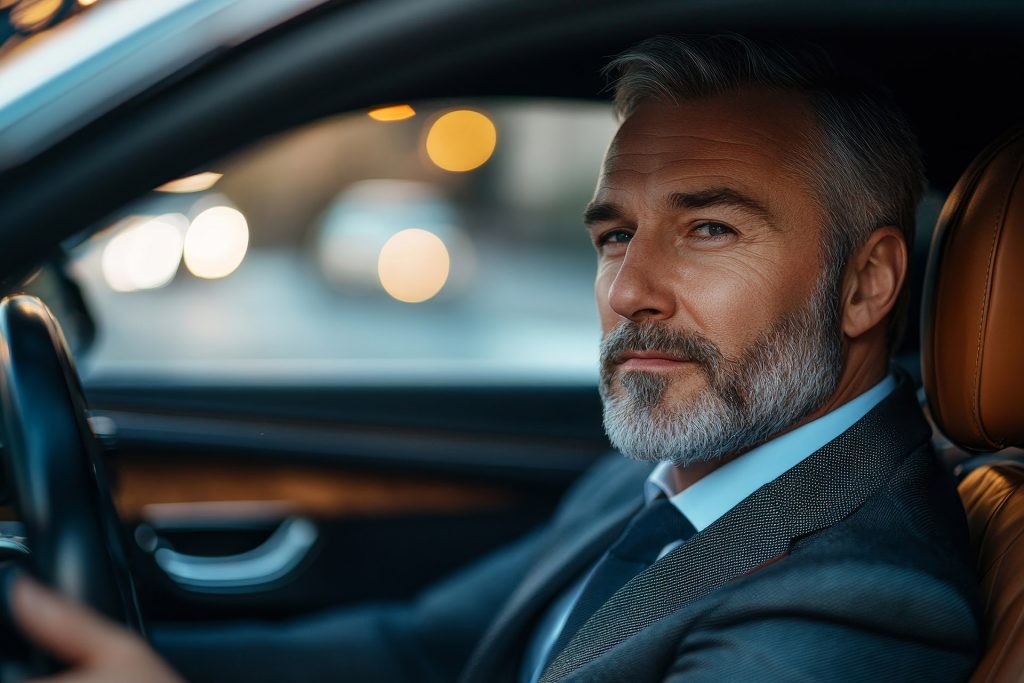 Positive middle aged businessman driving his luxury auto, lookin