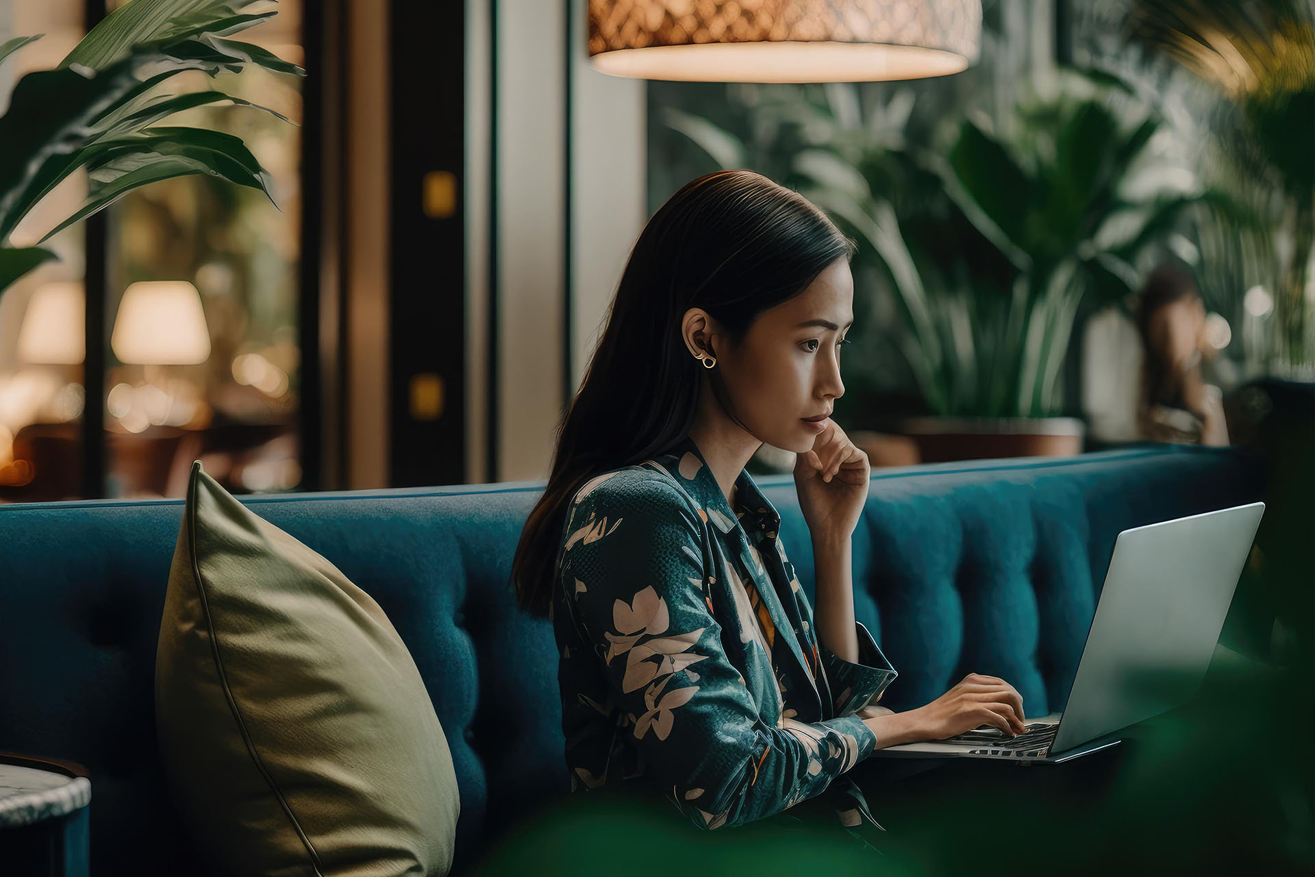 Business person using laptop computer in luxury hotel lobby candid view