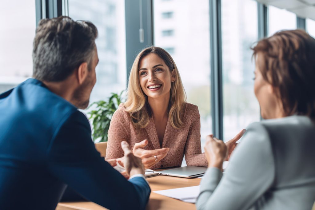 A financial advisor meeting with clients in an office, discussin