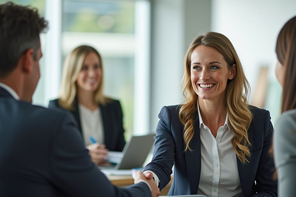 Confident middle-aged businesswoman shaking hands with a client during a professional meeting in a modern office